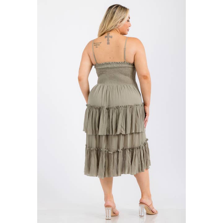 Curve Market - Wholesale Dress - Women's - PLUS SIZE SQUARE NECK SMOCKED BODICE TIERED RUFFLE HEM MIDI 8