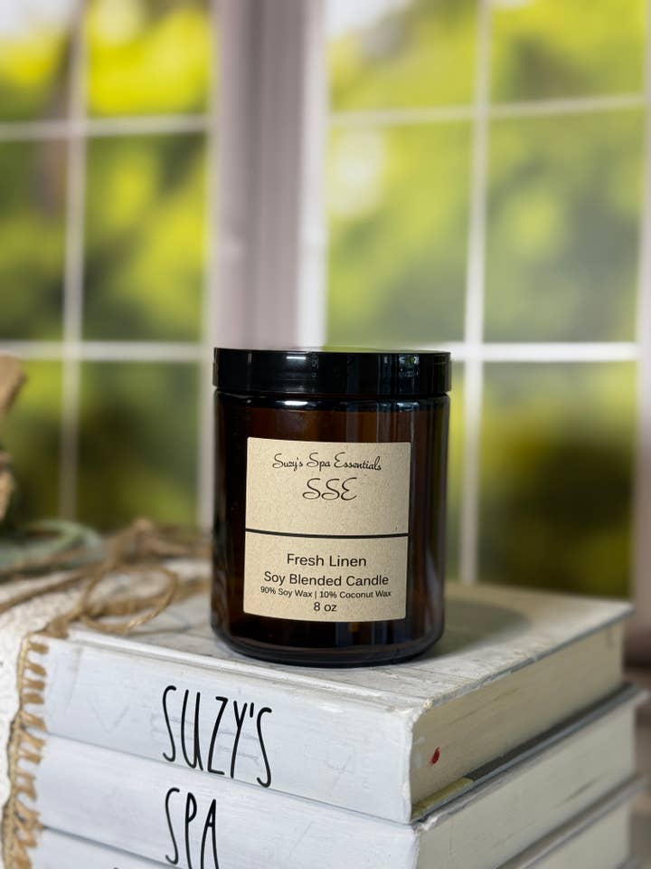 Fräscht Linne – Sojablandning Ljus – 8 oz Bärnstensburk för wholesale av Suzy Spa Essentials