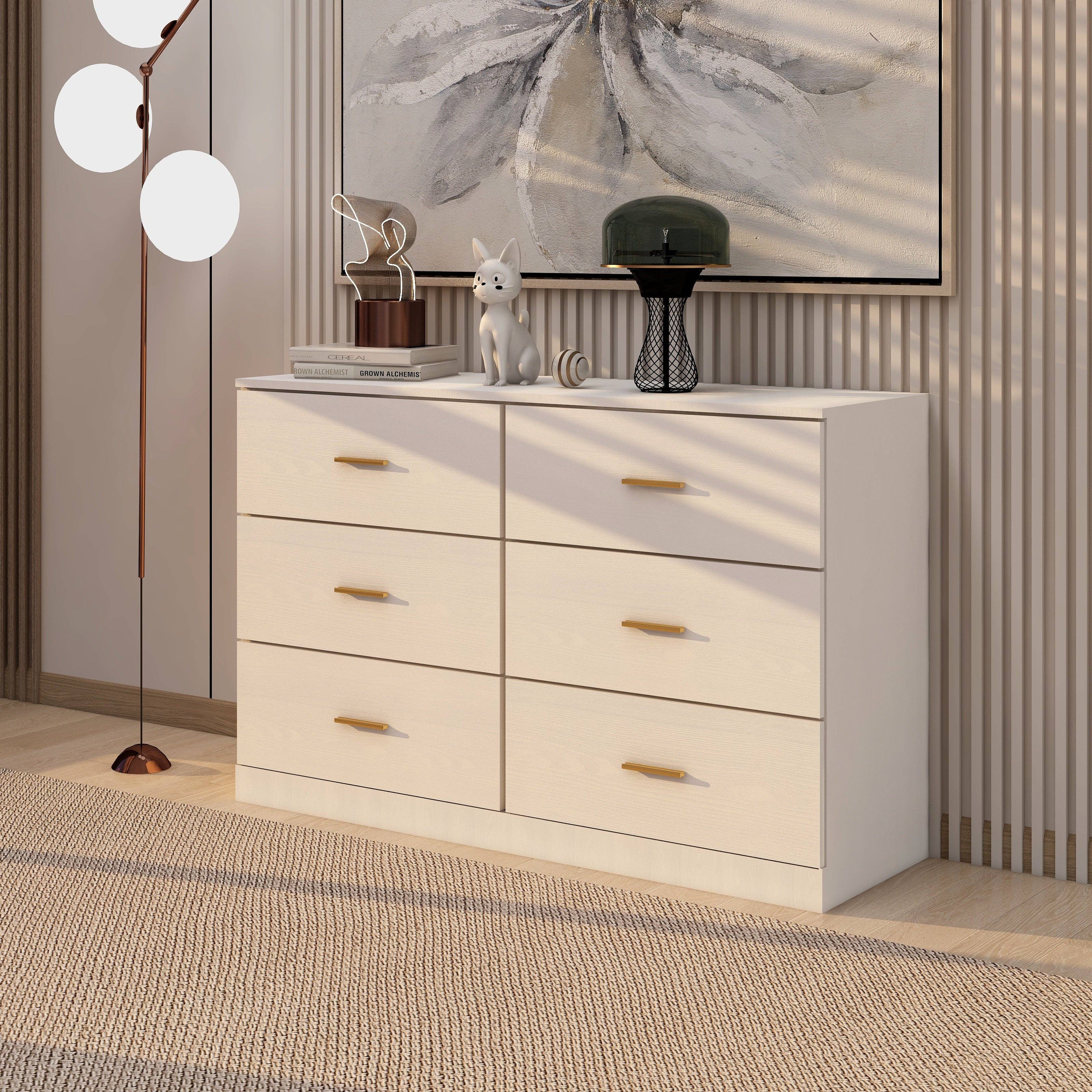 Orange County Decor - Wholesale Bedroom Furniture - Modern White 6 Drawer Dresser For Bedroom Large Storage Wide Chest Of Drawers, Sturdy & Safe Chest 5 Or More Drawers Whitewash Antique White Primary Living Space Drawers Included American
