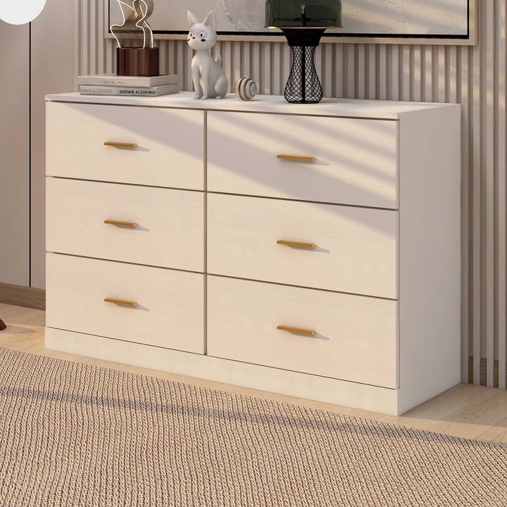 Orange County Decor - Wholesale Bedroom Furniture - Modern White 6 Drawer Dresser For Bedroom Large Storage Wide Chest Of Drawers, Sturdy & Safe Chest 5 Or More Drawers Whitewash Antique White Primary Living Space Drawers Included American0