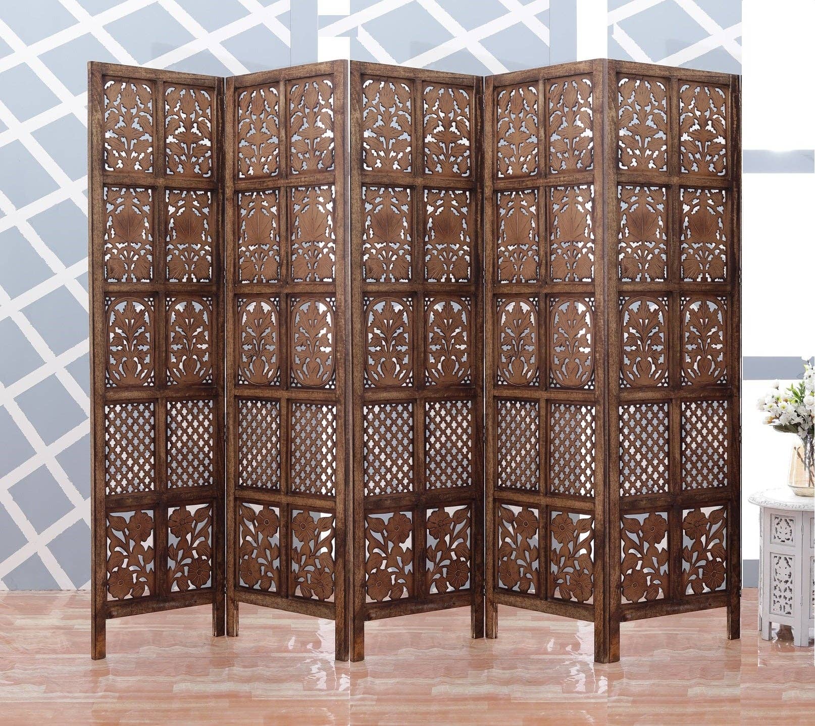 iAnanas - Wholesale Room Divider - Mango Wood Room Divider - 5 Panel Floral Handmade Screen, Privacy Screen & Decoration for Living Room, Bedroom, Balcony & Office - Brown (254x3x180 cm)3