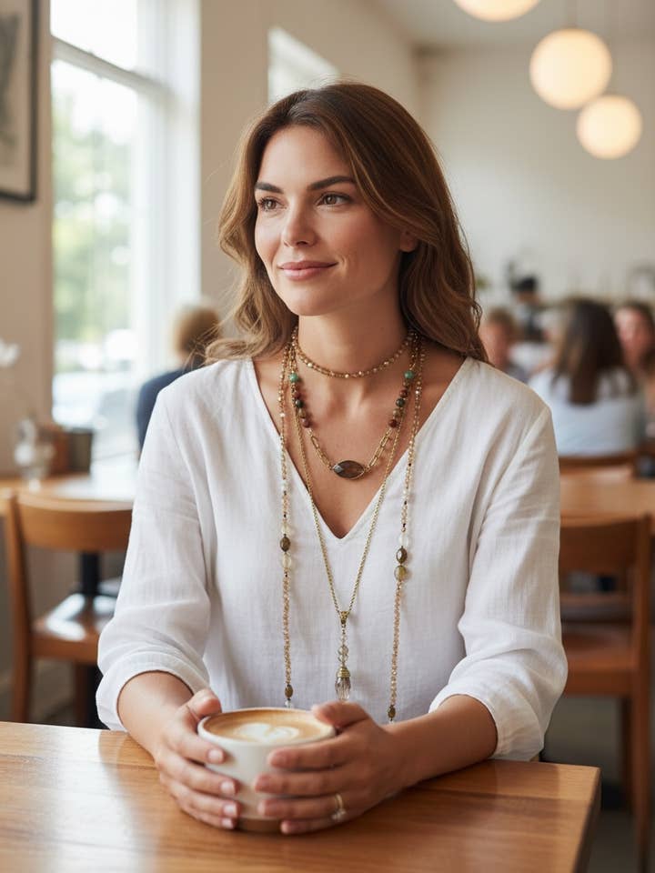 Conjunto de tres collares individuales en capas con cristal y jaspe para venta al por mayor de Ava Capri