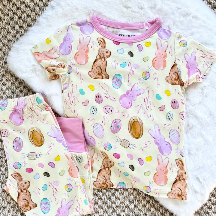 Sweet Bay Clothing - Vendita all'ingrosso Completo pigiama - Bambini - Set di pantaloni pigiama giallo/rosa Easter Candy0