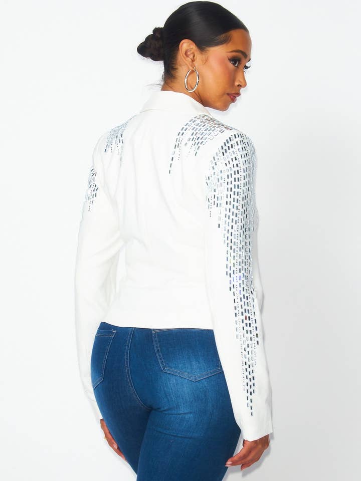 Wht So Bossy Sparkly Rhinestone Fitted Blazer (HGJ10089) for wholesale on Faire4