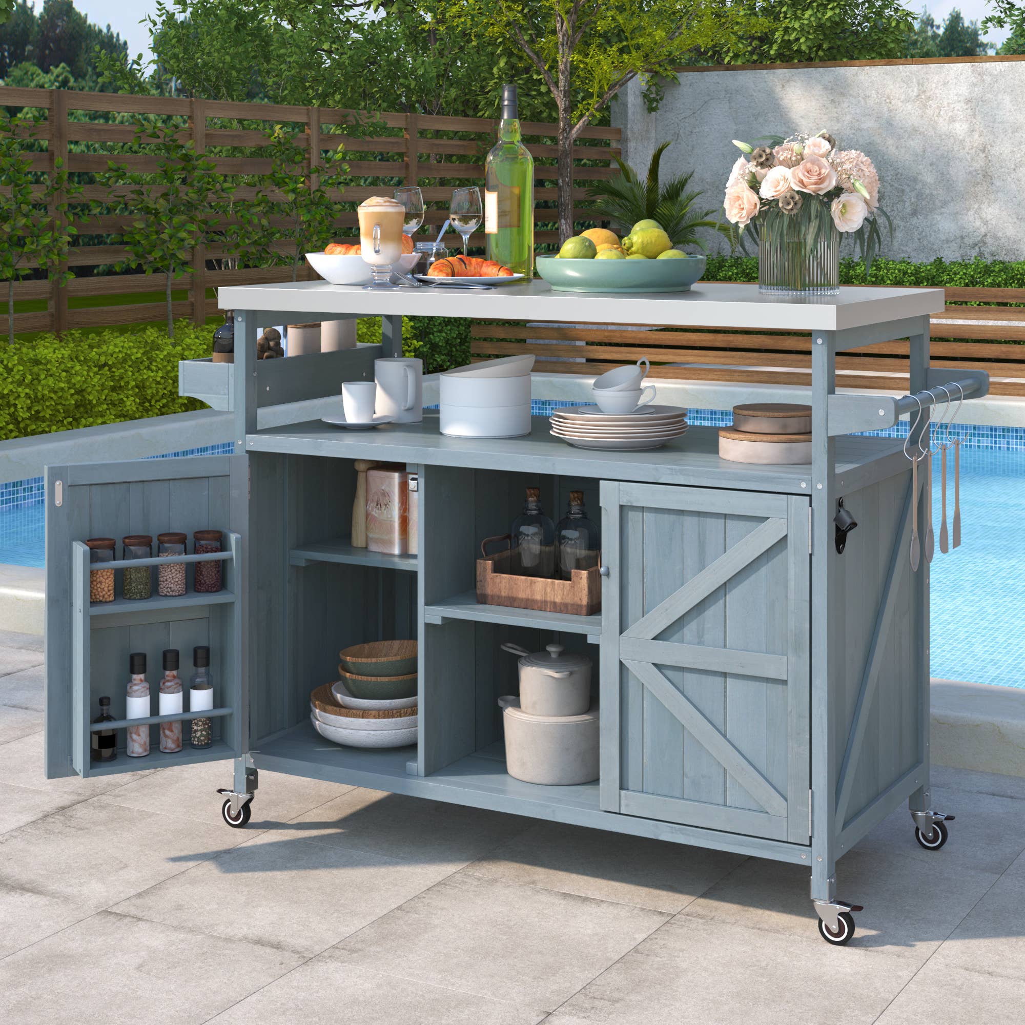 39F Inc. - Wholesale Outdoor Ornament/Decor - Outdoor Kitchen Island,Farmhouse Solid Wood Rolling Cart43