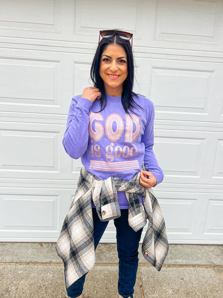 GOD IS GOOD LONG SLEEVE (VIOLET) for wholesale by Southern Babe Wholesale