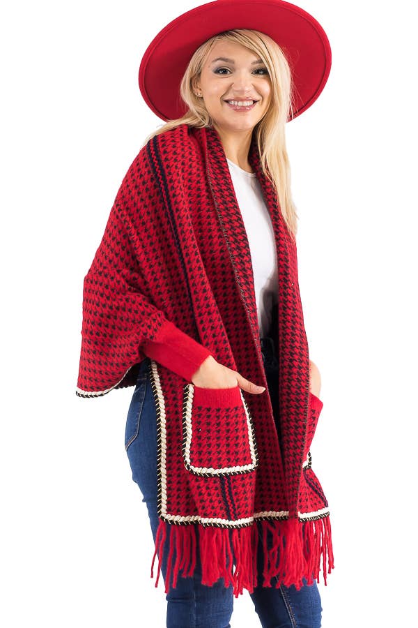 Cap Zone - Wholesale Poncho - Women's - Narrow Tri-Stripe Houndstooth Cardigan Sweater Poncho8