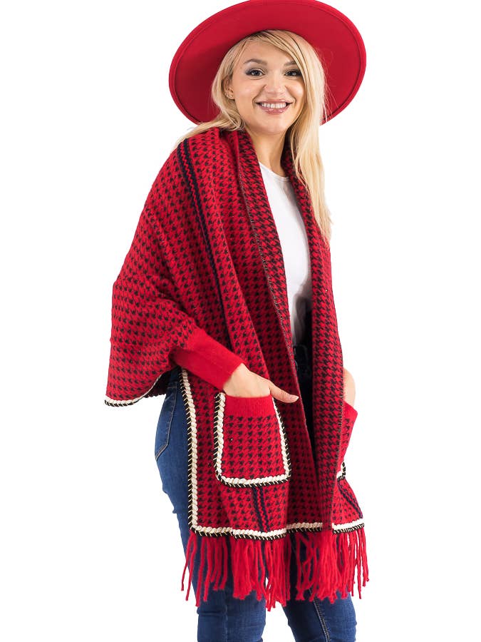 Cap Zone - Wholesale Poncho - Women's - Narrow Tri-Stripe Houndstooth Cardigan Sweater Poncho8