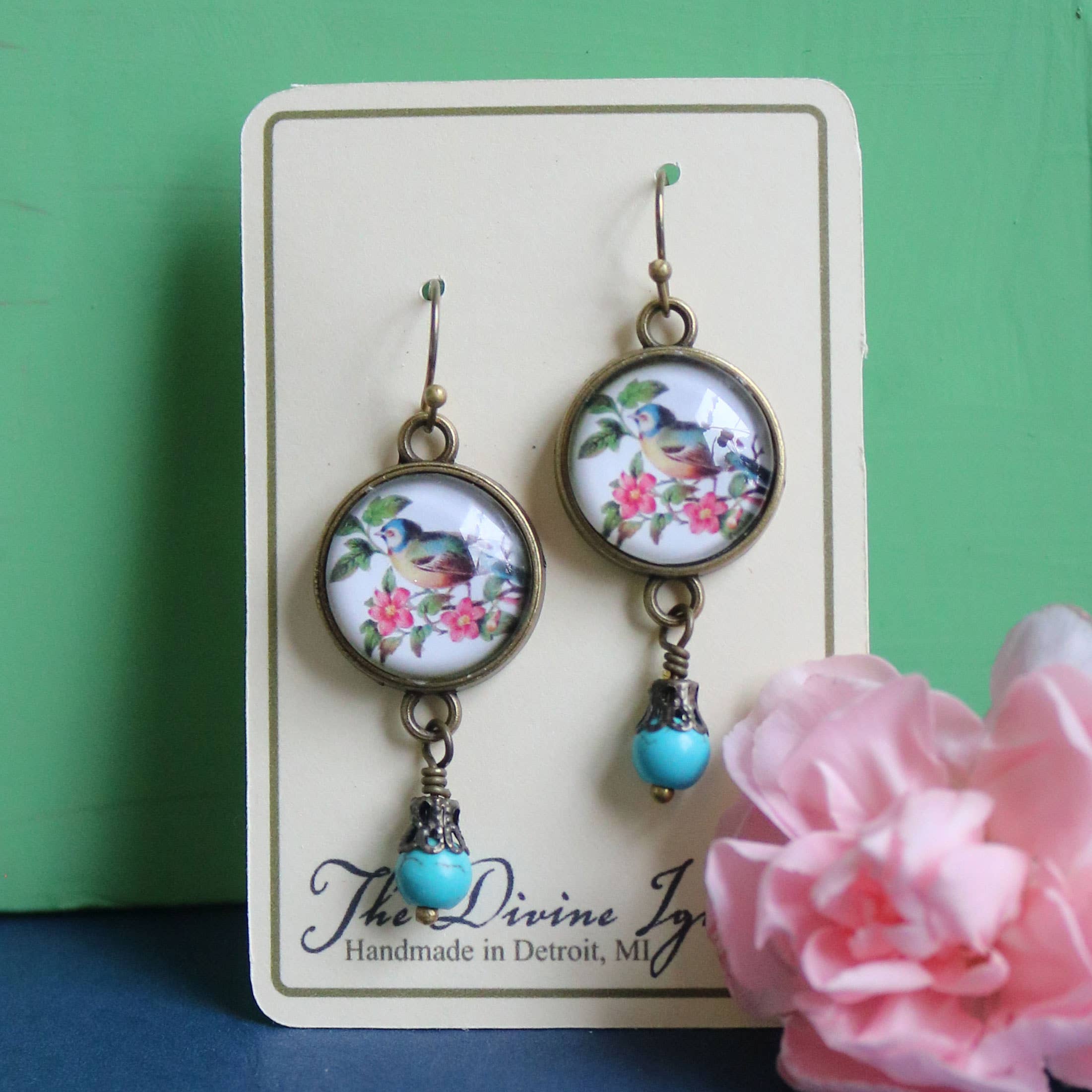 The Divine Iguana - Wholesale Dangle Earrings - Bluebird Cottagecore Glass Cabochon and Bronze Earrings1