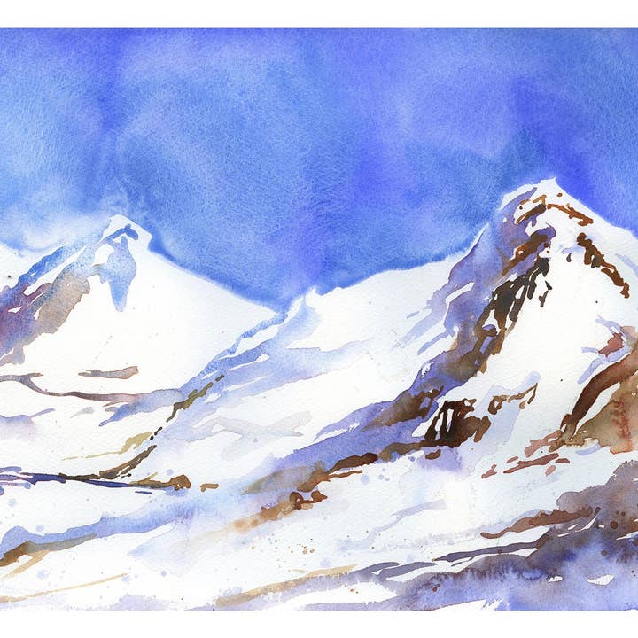 Aquarel landschapsschilderij van de Zwitserse Alpen. Aquarel van besneeuwde bergen in Zwitserland. Zwitserse Alpen met sneeuwlandschap, kunstdruk voor wholesale door Ryan Fox Fine Art