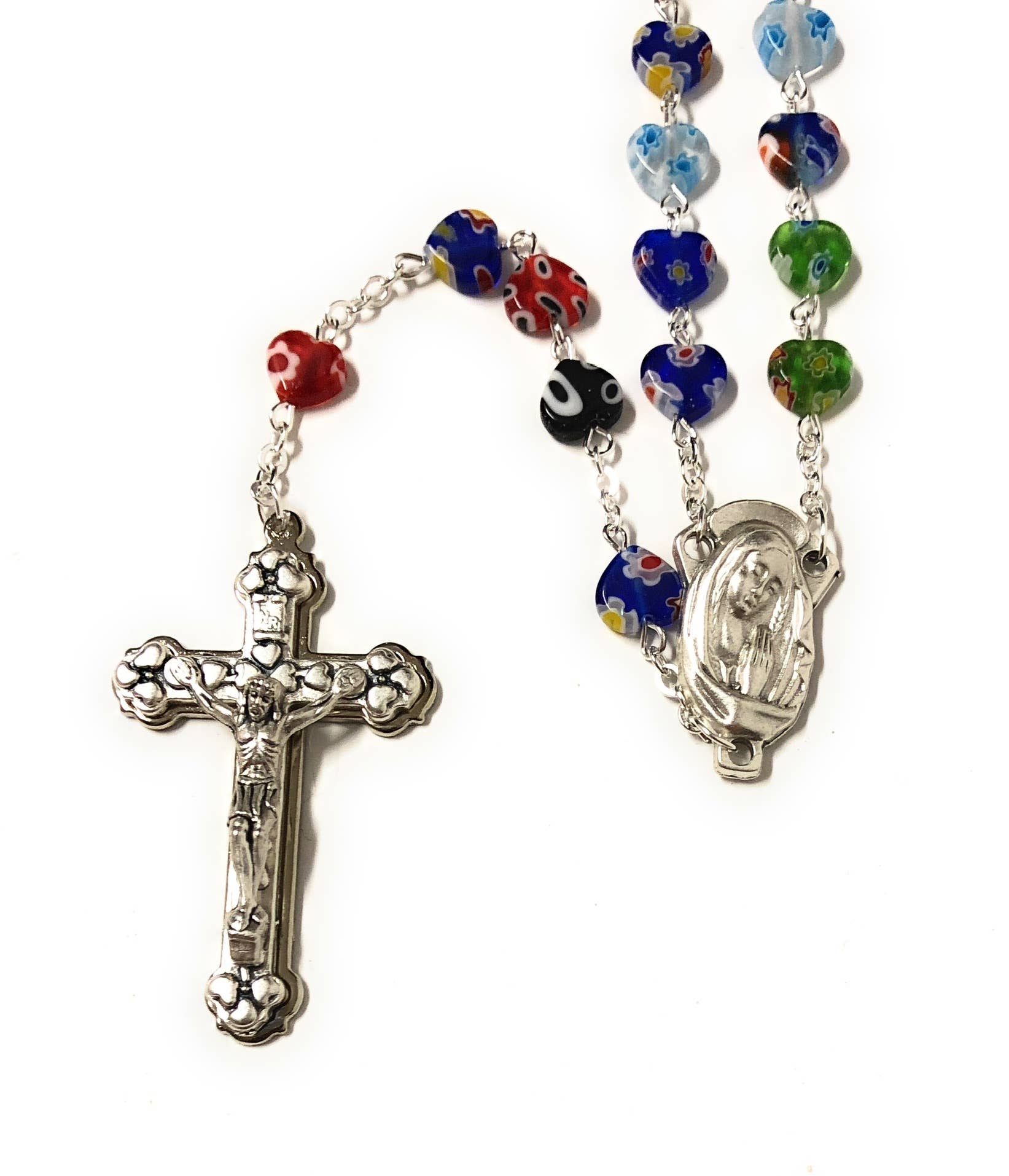 Costa Articoli Religiosi – Großhandel Gebetskette für den Hals – Murano-Glasrosenkranz mit 7x7 mm großen, mehrfarbigen Herzperlen1