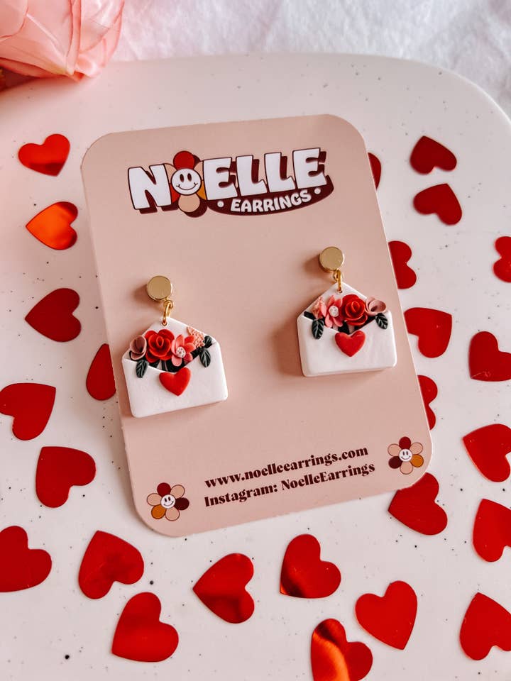 Floral Love Letter Earrings | Polymer Clay Earrings for wholesale by Noelle Earrings