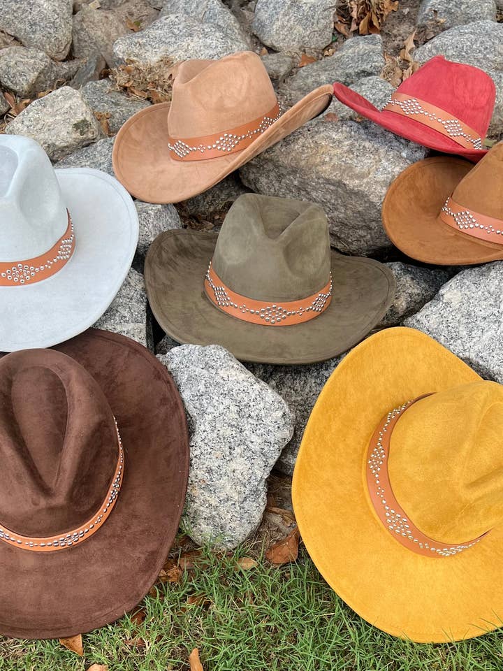 Nailed Suede Cowboy Hat - Brown, Gray, Yellow, Orange & Red - Classic Design with Decorative Band for wholesale by Accessorizmee