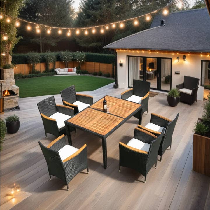 39F Inc. - Wholesale Patio Set - 7-Piece Outdoor Patio Wicker Dining Set with Acacia Wood Top1