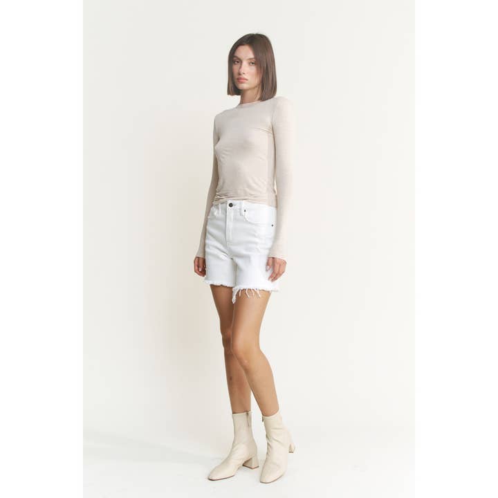MISTY WHITE HIGH RISE DISTRESSED FRAYED HEM SHORTS for wholesale on Faire
