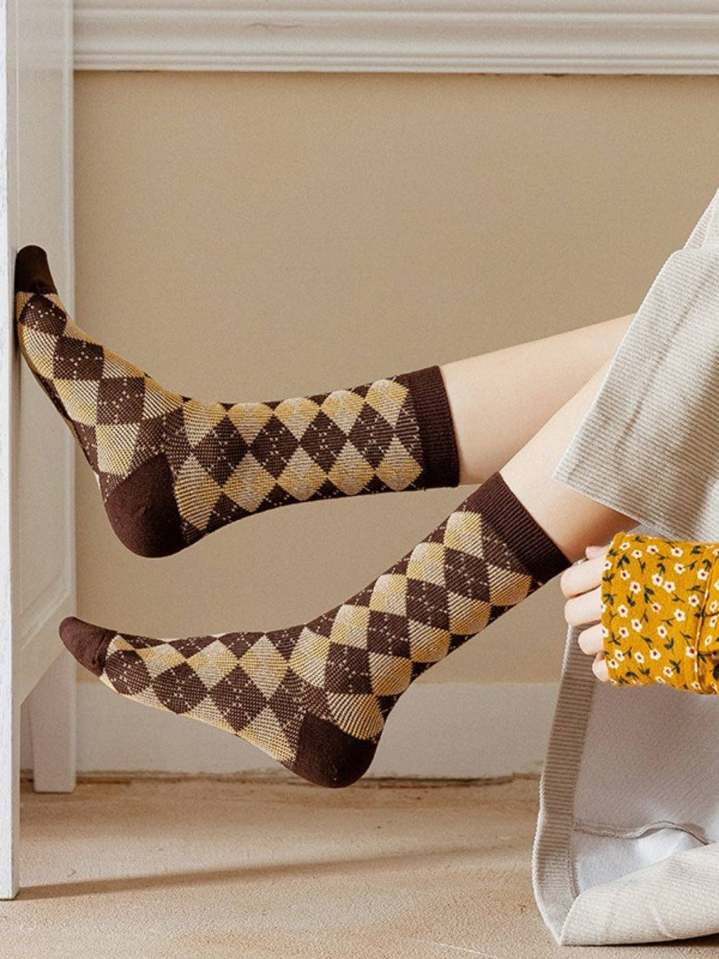 Funkyrel® Atzbranding Limited - Vente Chaussettes – femme - Rufia - Chaussettes d'hiver mi-mollet ton marron rétro8