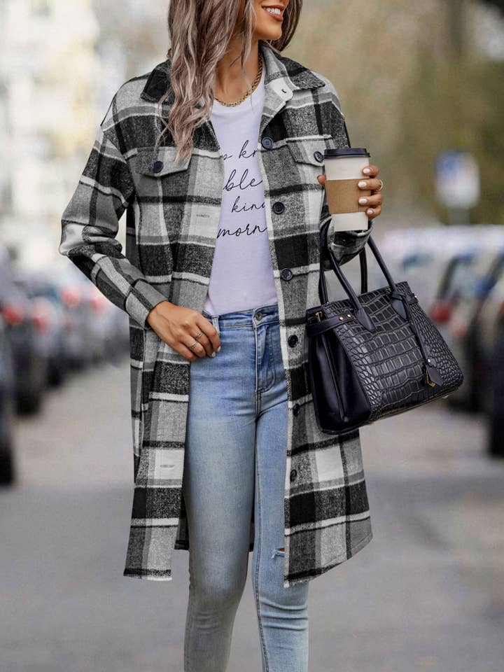 eLook - Vente Manteau – femme - Manteau long boutonné à carreaux SZ1-JK82114