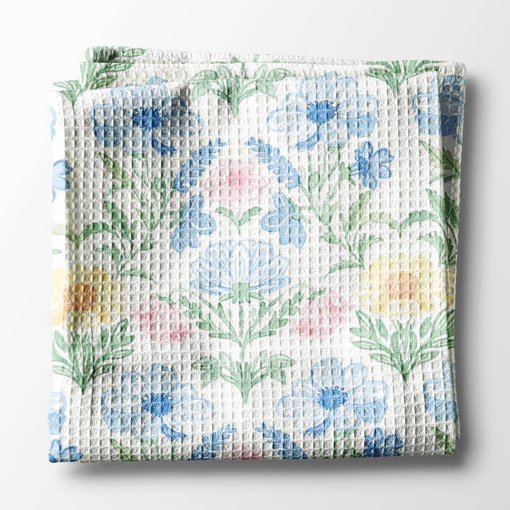 Chinoiserie Grandmillennial Kitchen Towel Blue Preppy Floral for wholesale by Canary Road