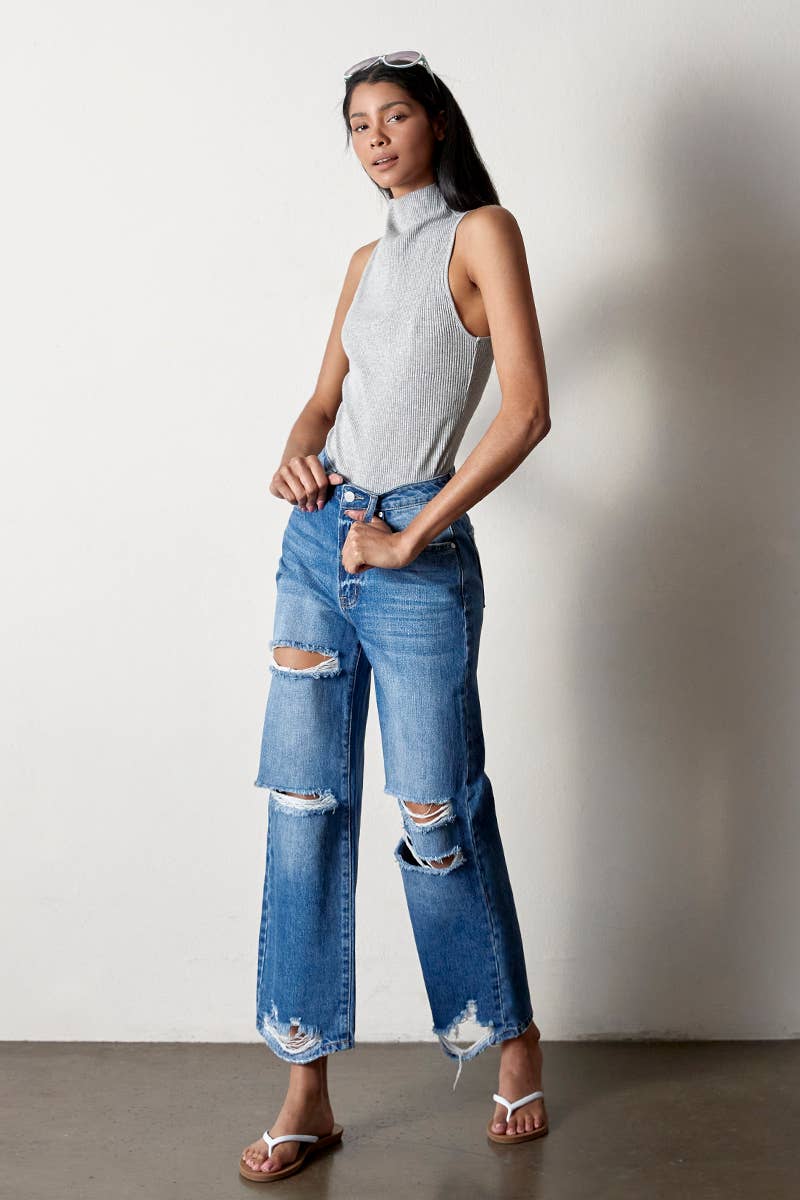 AGED DARK High Rise Destructed Straight Jeans for wholesale on Faire2