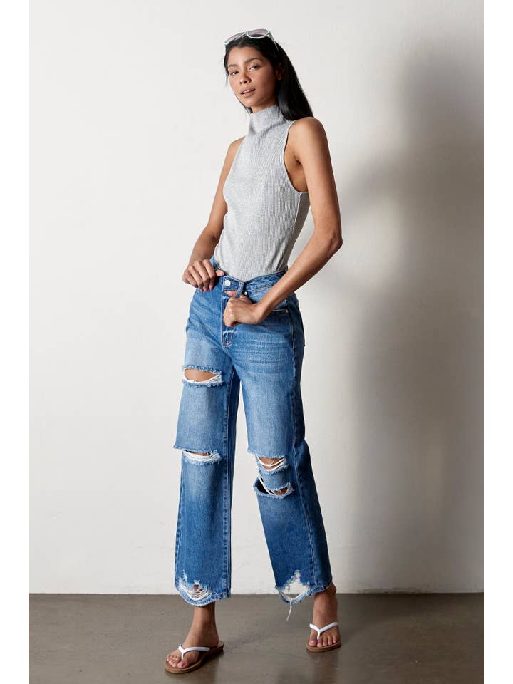 AGED DARK High Rise Destructed Straight Jeans for wholesale on Faire2