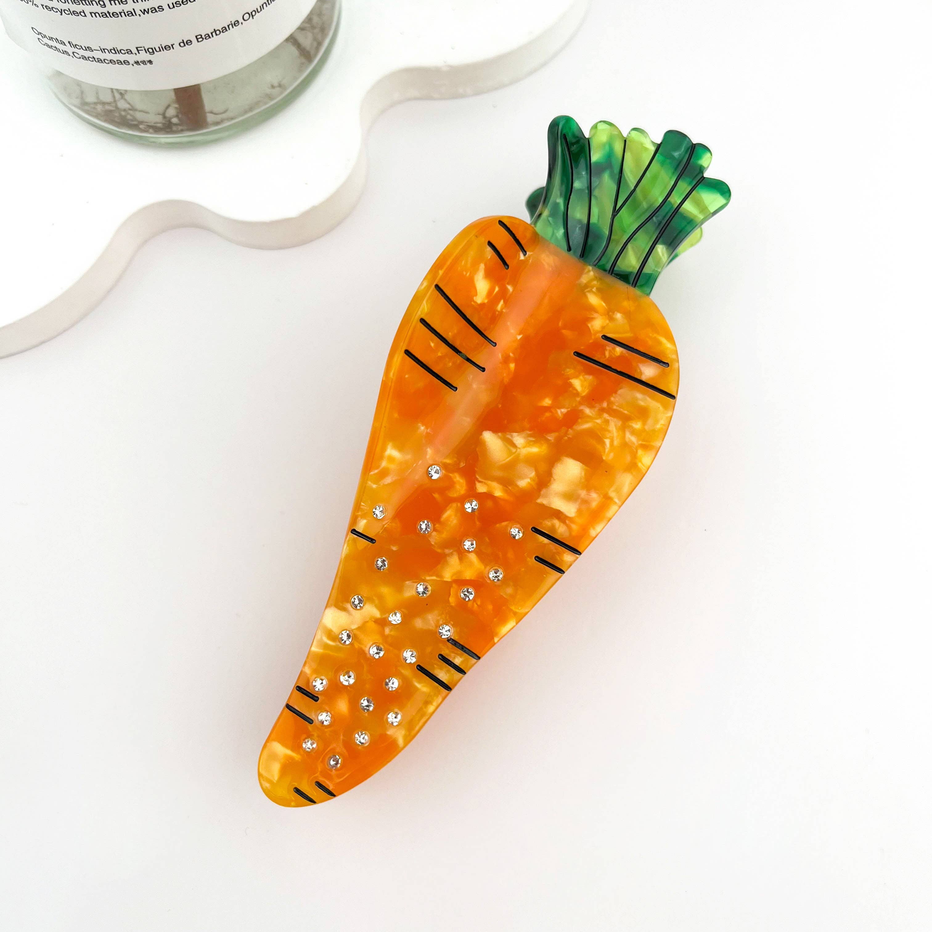 Orange Pince à cheveux carotte en strass – Clip légume en acétate scintillant en vente sur Faire