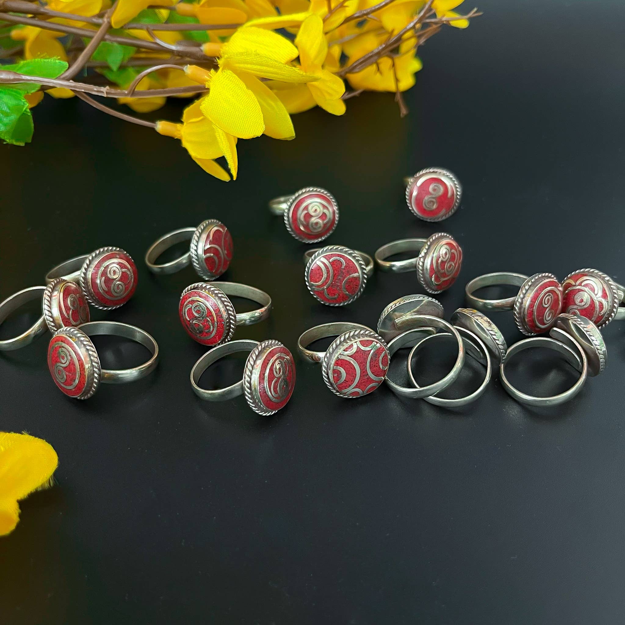 Karma Nepal Crafts - Wholesale Cocktail/Statement Ring - Round Gemstone Turquoise Coral Boho Rings6