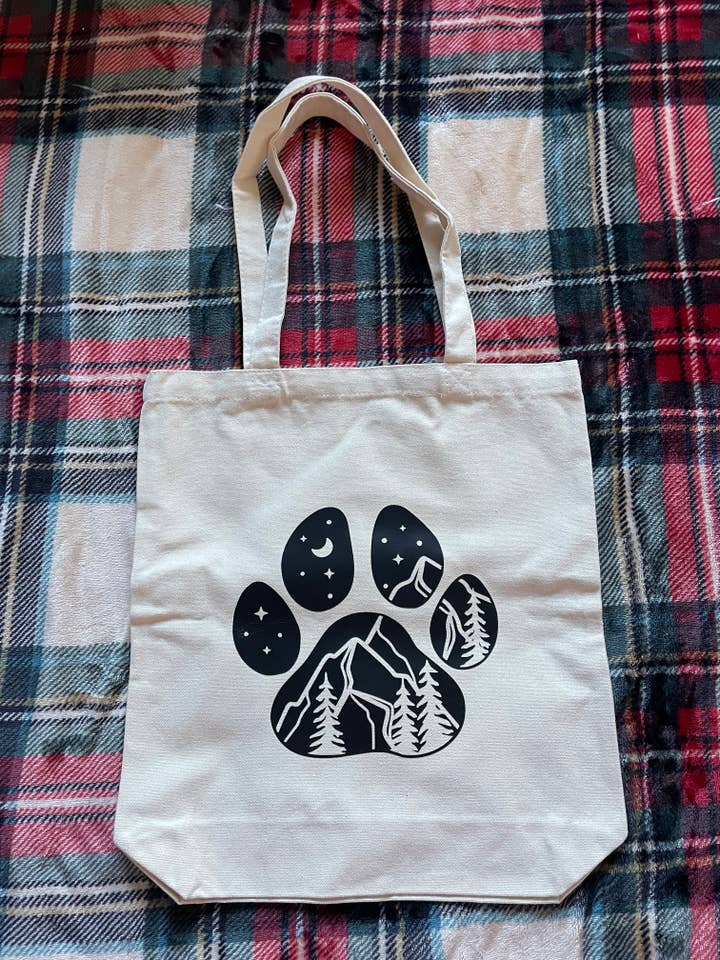 Pawprint with Mountain Scene Tote Bag, Reusable Shopping Bag for wholesale by Jeanne Mari & Co