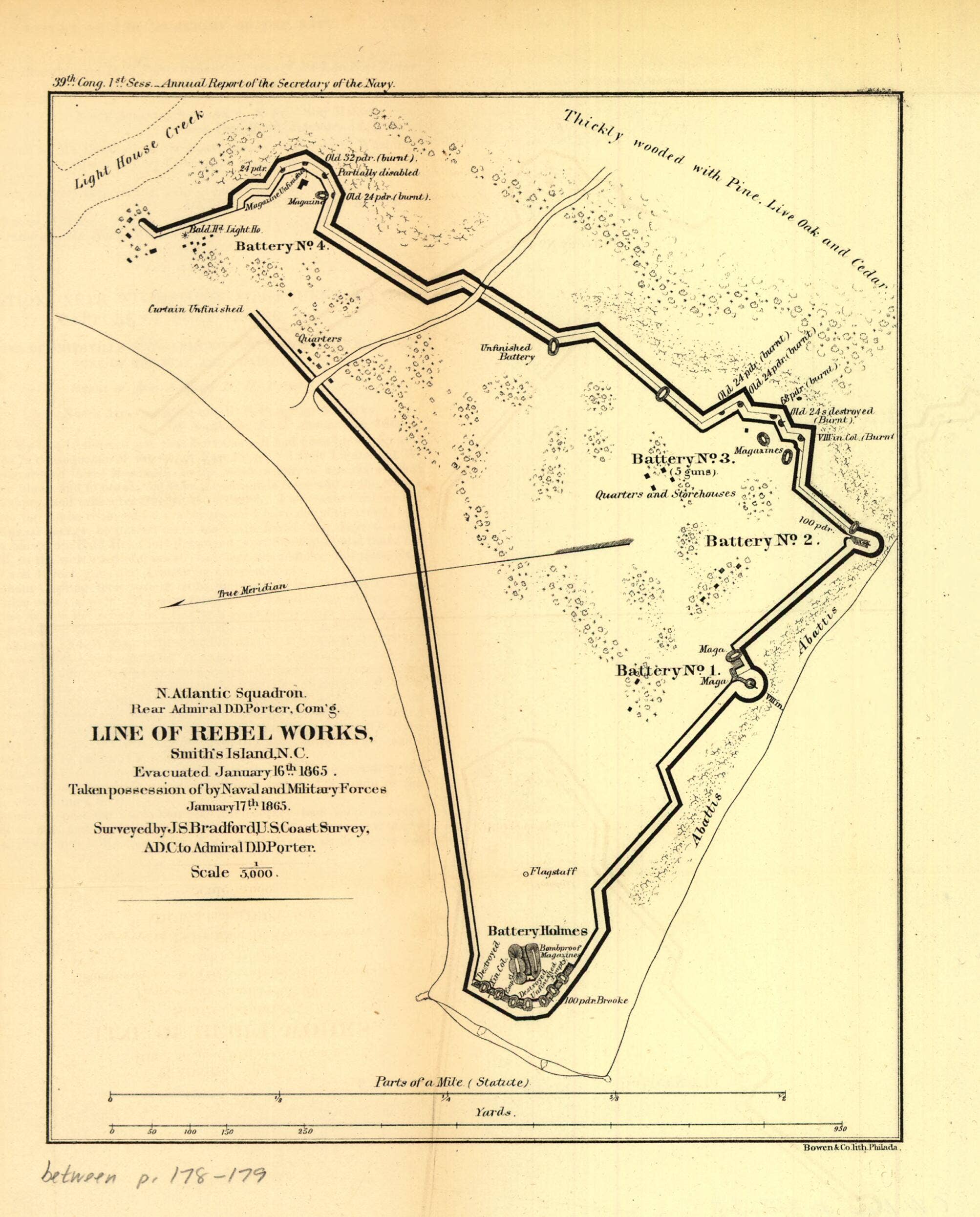 Relic Map Co. - Wholesale Map - Line of Rebel Works, Smith's Island, N.C. Evacuated January 16th, 1865. Taken Possession of by Naval and Military Forces January 17th, 1865. Surveyed by J. S. Bradford, U.S. Coast Survey, A.D.C. to Admiral D. D. Porter0