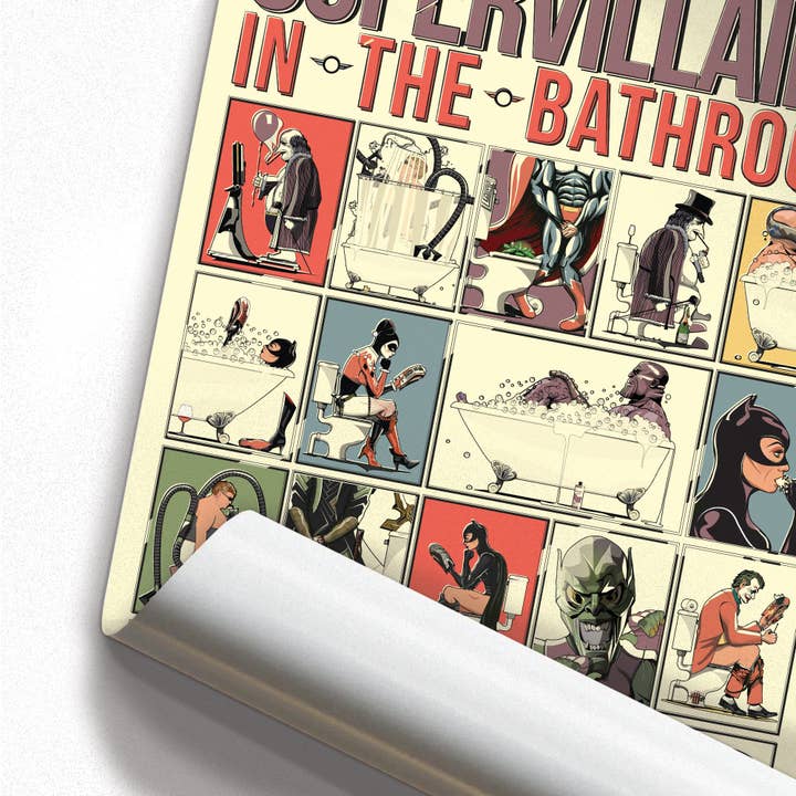 In The Washroom - Vente Poster - Affiche de bain humoristique « Supervilains dans la salle de bain ».5