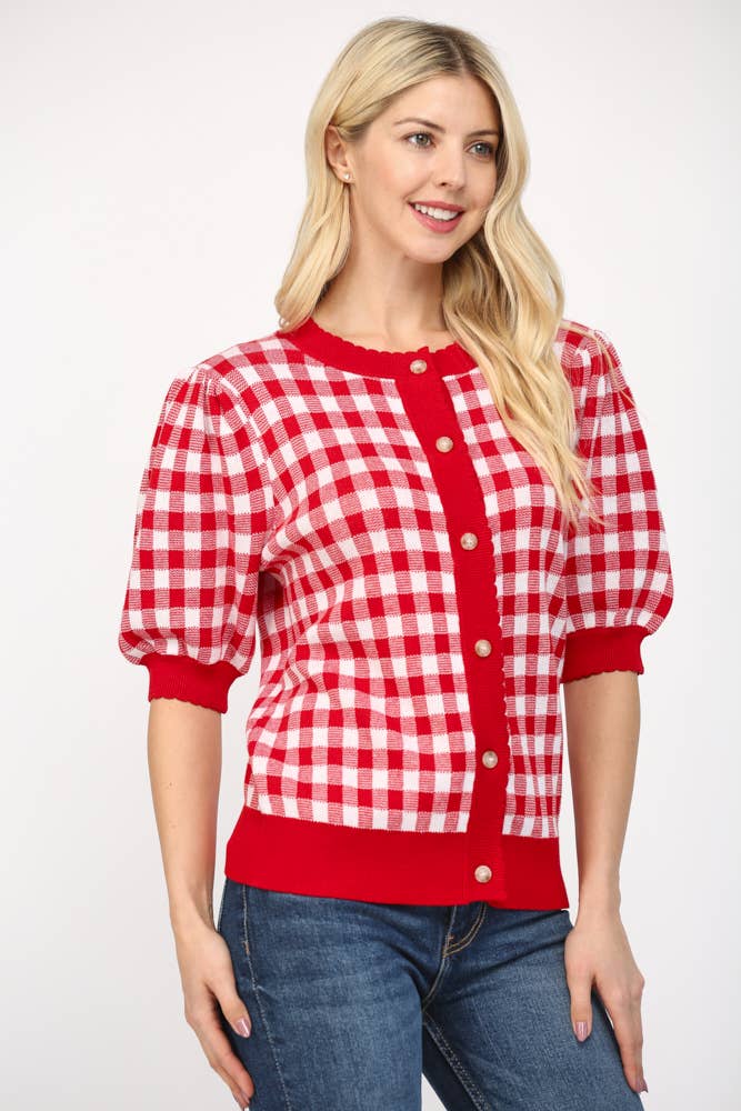 ROSSO/BIANCO CARDIGAN CORTO A FANTASIA GINGHAM CON BORDI A ONDA FW10334 in vendita all'ingrosso su Faire3