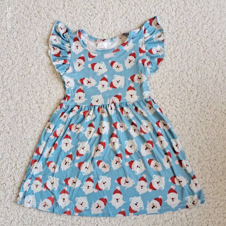 Baby girls blue santa pearl dresses for wholesale by Aier Wholesale