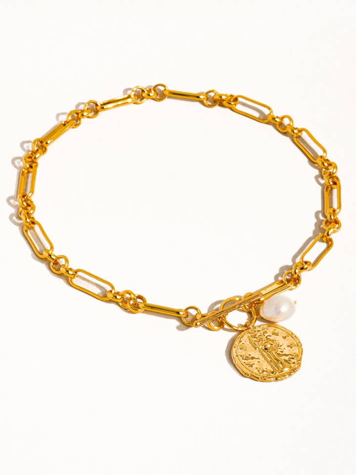 Leah 18k Gold Large Coin and Pearl Chain Necklace for wholesale by Flânerie by MAIQ