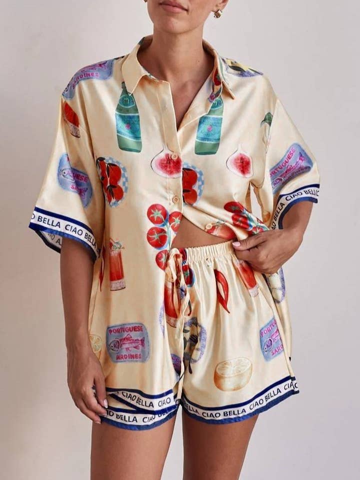 Beige Ciao Sicily Cartoon graffiti print blouse short set for wholesale on Faire4
