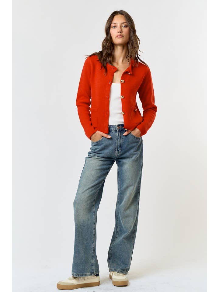Red ILT4805 BUTTON FRONT POCKET DETAIL SWEATER CARDIGAN for wholesale on Faire