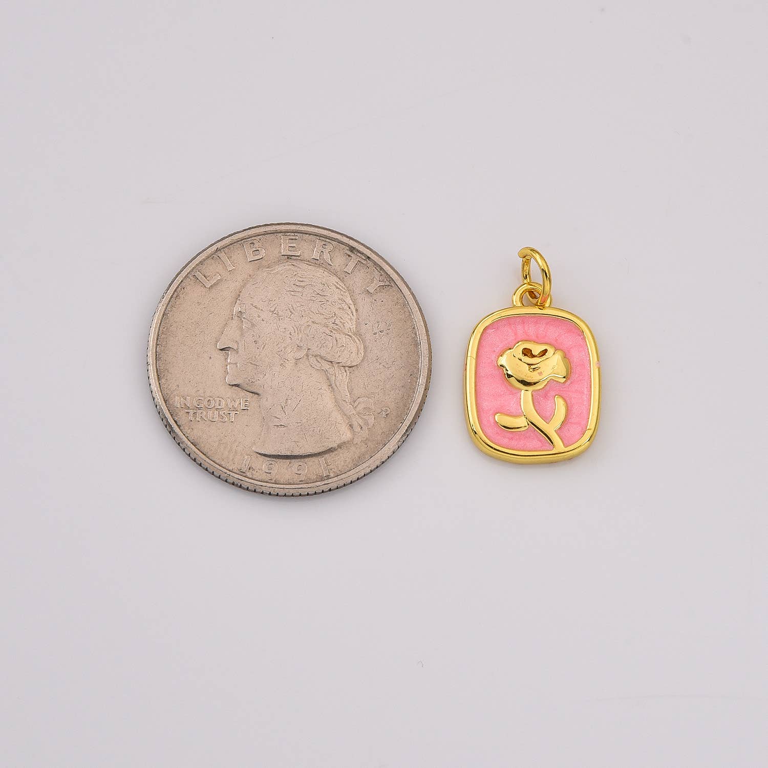 Beads Creation - Wholesale Individual Charm/Pendant - Pink Enamel Rose Floral Tag Charm in Gold Filled, CP22441