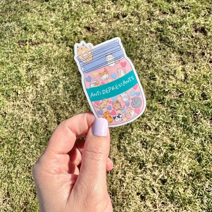 Peach Tree Design Shop – wholesale Klistermärke – Söt katt och hund älskare antidepressiva mental hälsa klistermärke