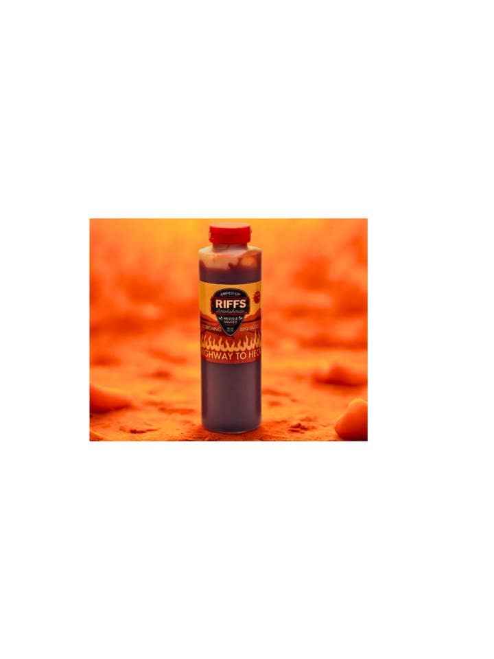 VERY HOT Riffs BBQ Sauce! Highway to Heck NOW SHIPPING CASES FREE for wholesale by Riffs Smokehouse