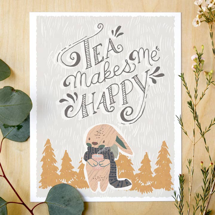 Tea Makes Me Happy Winter Lapin Impression artistique Motif lapin 8 x 10 cm pour la vente par Megan Stringfellow