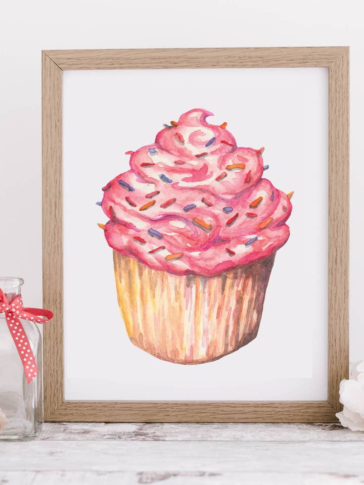 Sprinkles Cupcake Watercolor Art Print for wholesale by Emilia Rose Artwork LLC