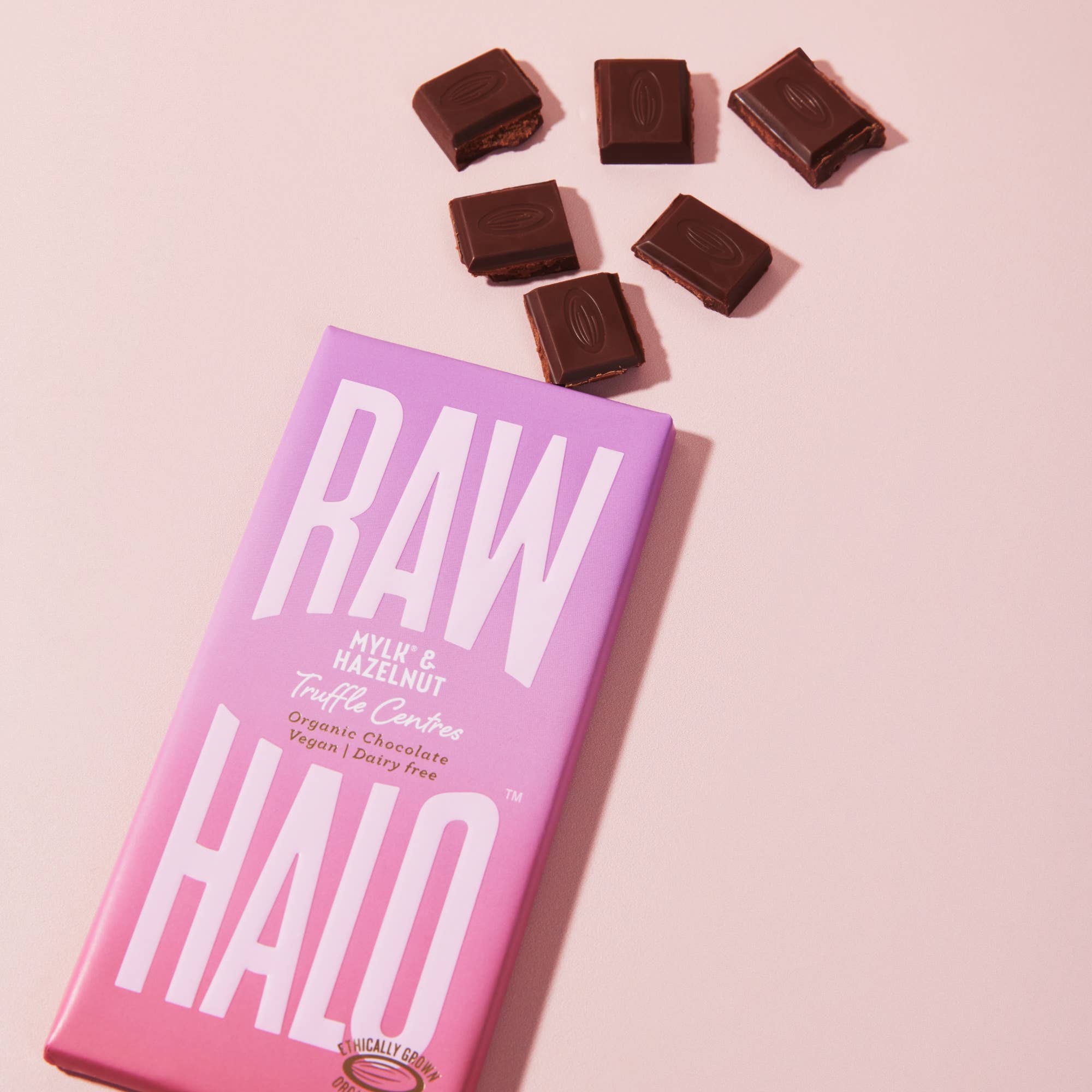 Raw Halo – wholesale Chocolate bar – Mylk & Hazlenut Truffle Centres Vegan Choc 90g (Case of 8)2