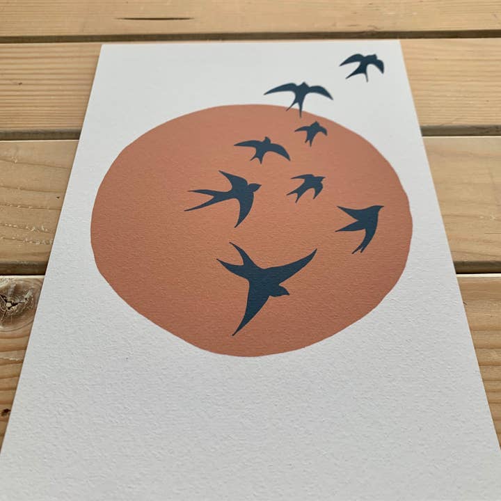 Swallows Flying Giclee Print, A6, A5, A4, A3. for wholesale by Little Bird Editions