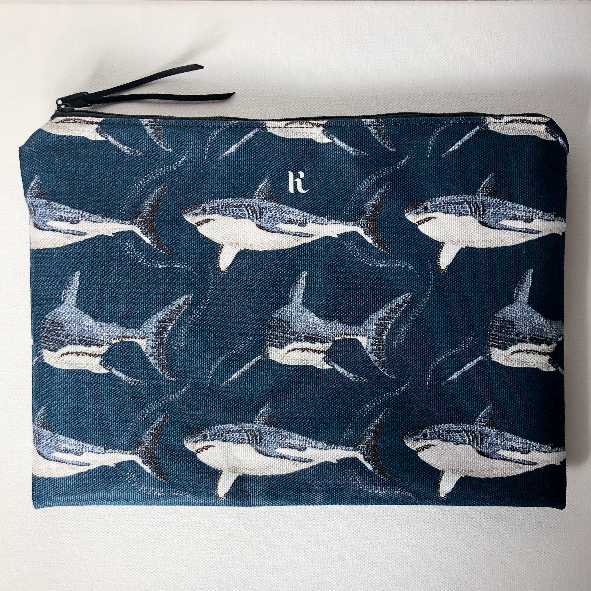 Kelsey Emblow Illustration – wholesale Make-up/cosmetic bag – Shark Pouch (watercolour) Organic Cotton3