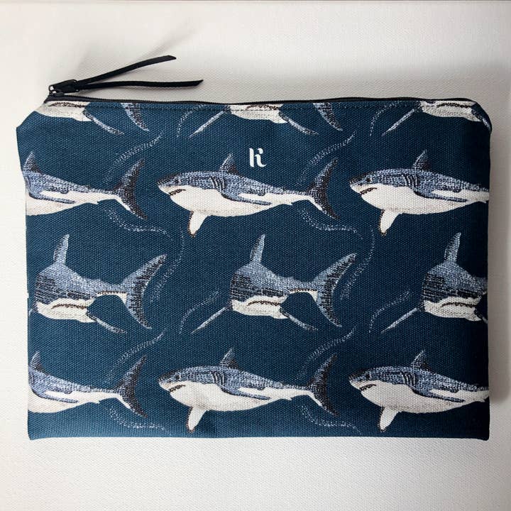 Kelsey Emblow Illustration – wholesale Make-up/cosmetic bag – Shark Pouch (watercolour) Organic Cotton3