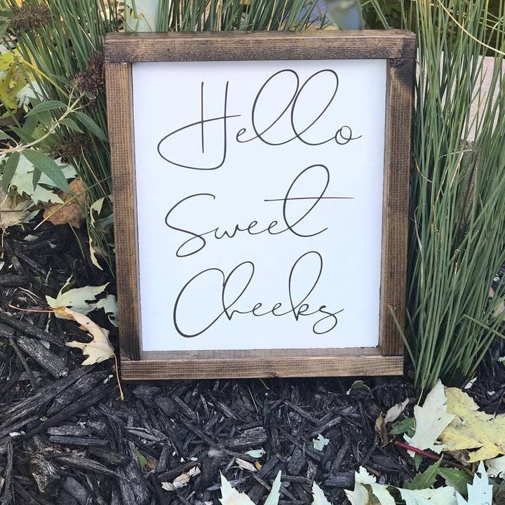 Hello Sweet Cheeks Wood Sign, Funny Bathroom Décor for wholesale by Gray Barn Creations