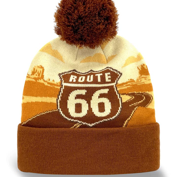 Northern Icons Creations INC - Wholesale Beanie - Unisex - Vintage Route 66 Southwestern Desert Sunset Travel Pom Pom Knit Beanie Hat