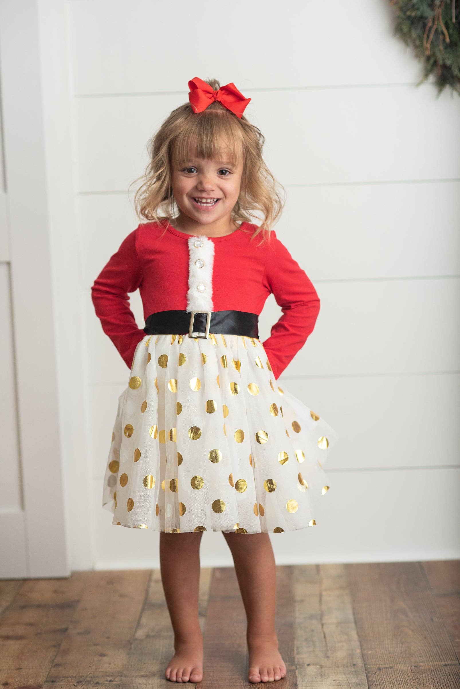Oopsie Daisy - Wholesale Dress - Kids - Kids Santa Bow Gold Dot Tulle Christmas Holiday Dress4