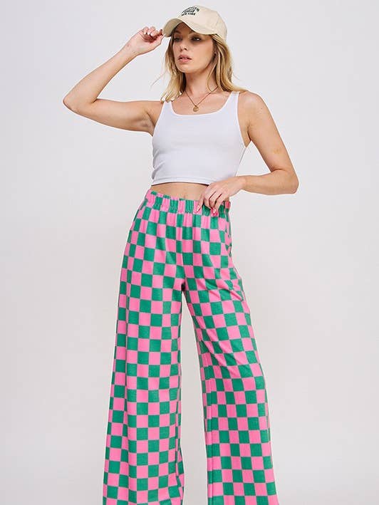 JADE BY JANE - Wholesale Pants - Women's - PLUS SIZE HIGH WAIST CHECKERD STRAIGHT LEG KNIT PANTS