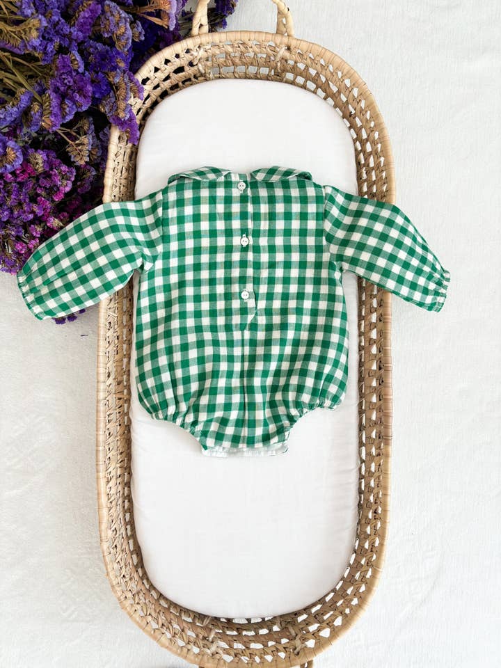 Maria Jasmim Baby & Child - Wholesale Bodysuit (Non-Footed) - Baby - Cute Peter Pan Collar Green Gingham3