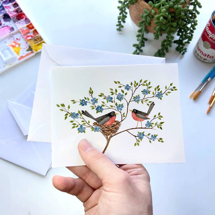 Carte de vœux Nid de Robin – Art printanier d'oiseau à l'aquarelle pour la vente par Owlfeathers Watercolor