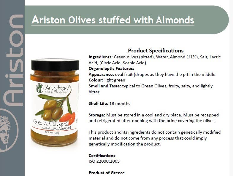 Ariston Specialties - Wholesale Olives - Ariston Green Olives Stuffed Almond-13.40oz3